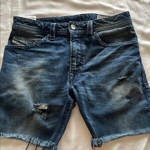 Blue Distressed Jean Shorts with Frayed Hem
